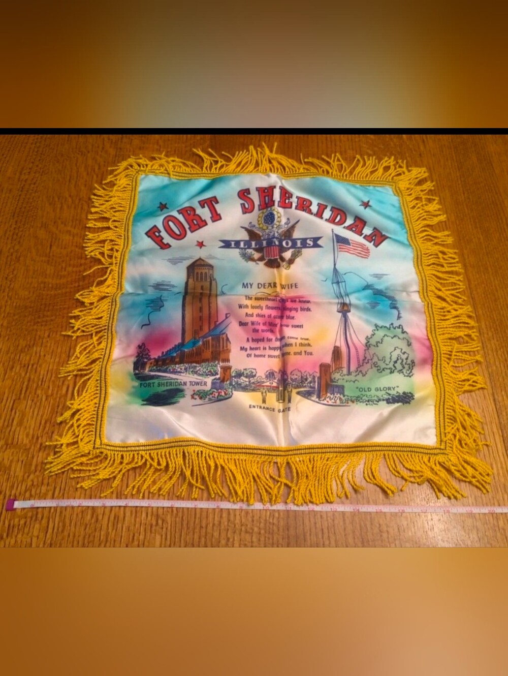 Vintage Fringe Pillow Cover CAMP SHERIDAN ILLINOIS US Army  "My Dear Wife"